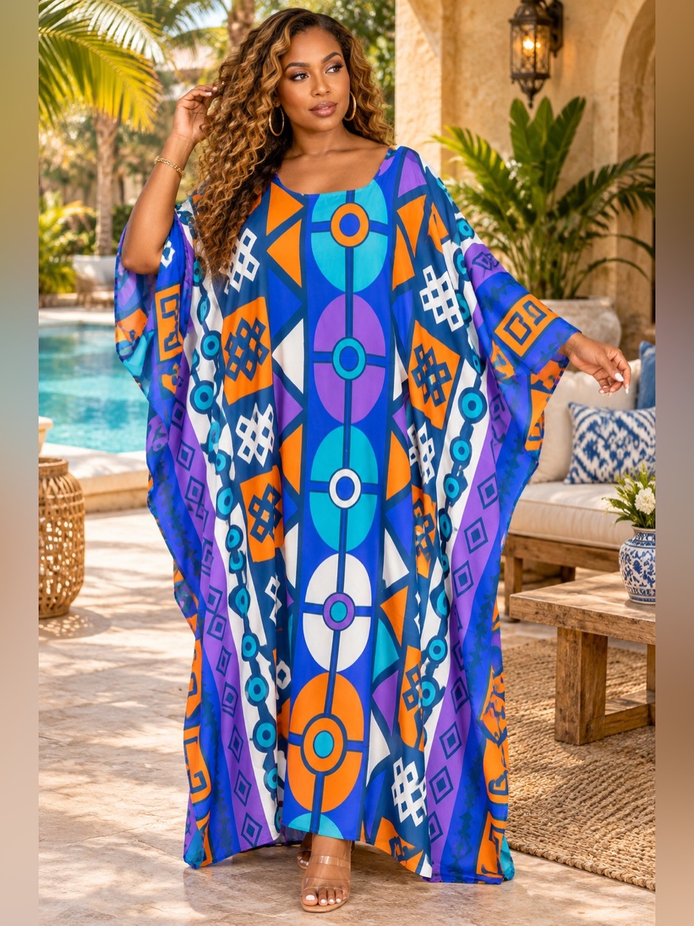 Geo-Print Flowing Kaftan Maxi Dress in Blue & Orange with matching scarf